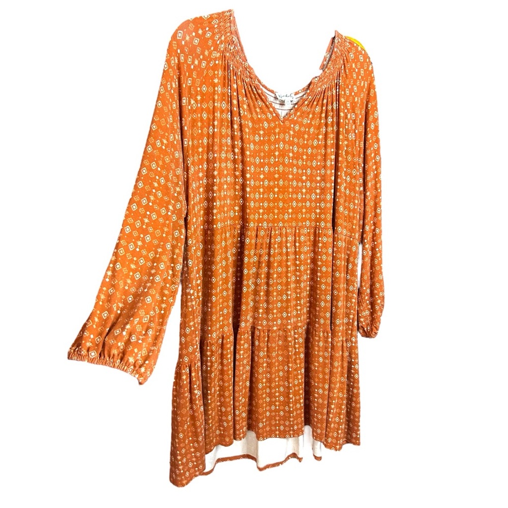 WONDERLY | Plus Size Long Sleeve Knit Smocked Neck Tiered Size 2X Rust Orange